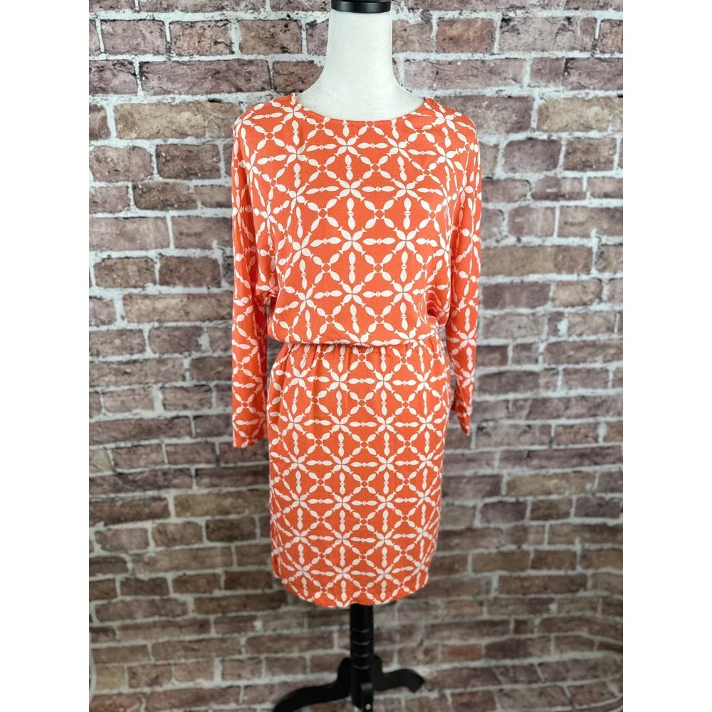 Boden Orange White Geometric Print Long Sleeve Blouson Dress US 4 WH902 - Picture 2 of 16